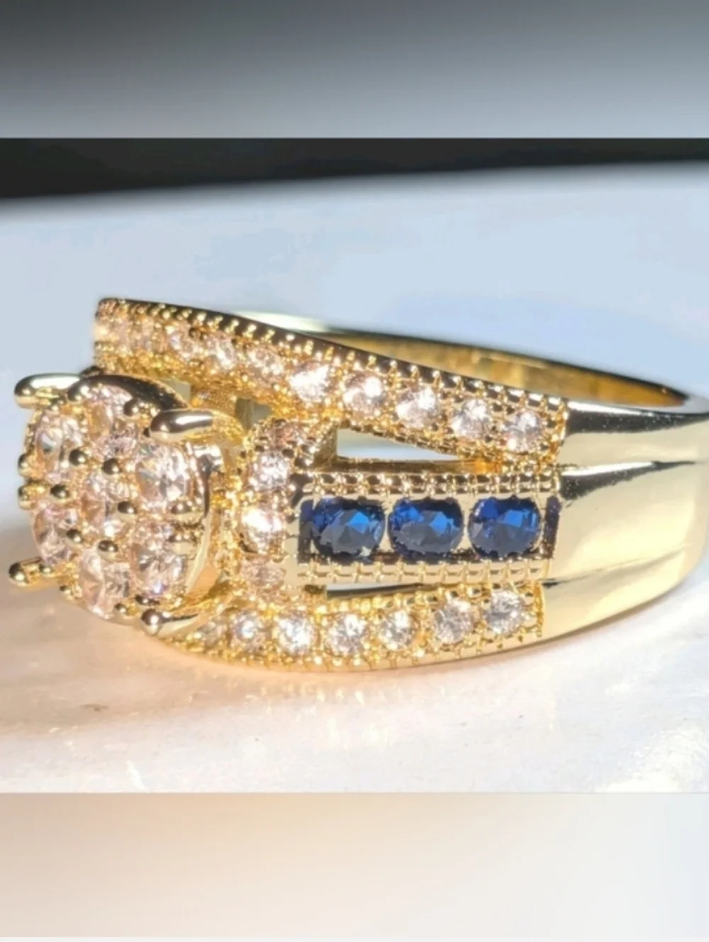 Classic Gold-Plated Blue Lab Created Sapphire Cluster Ring - Women Jewelry Sz 10